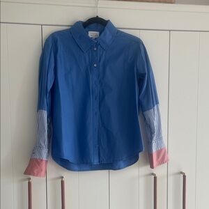 Tanya Taylor Blue Blouse with Pink and Striped Accents